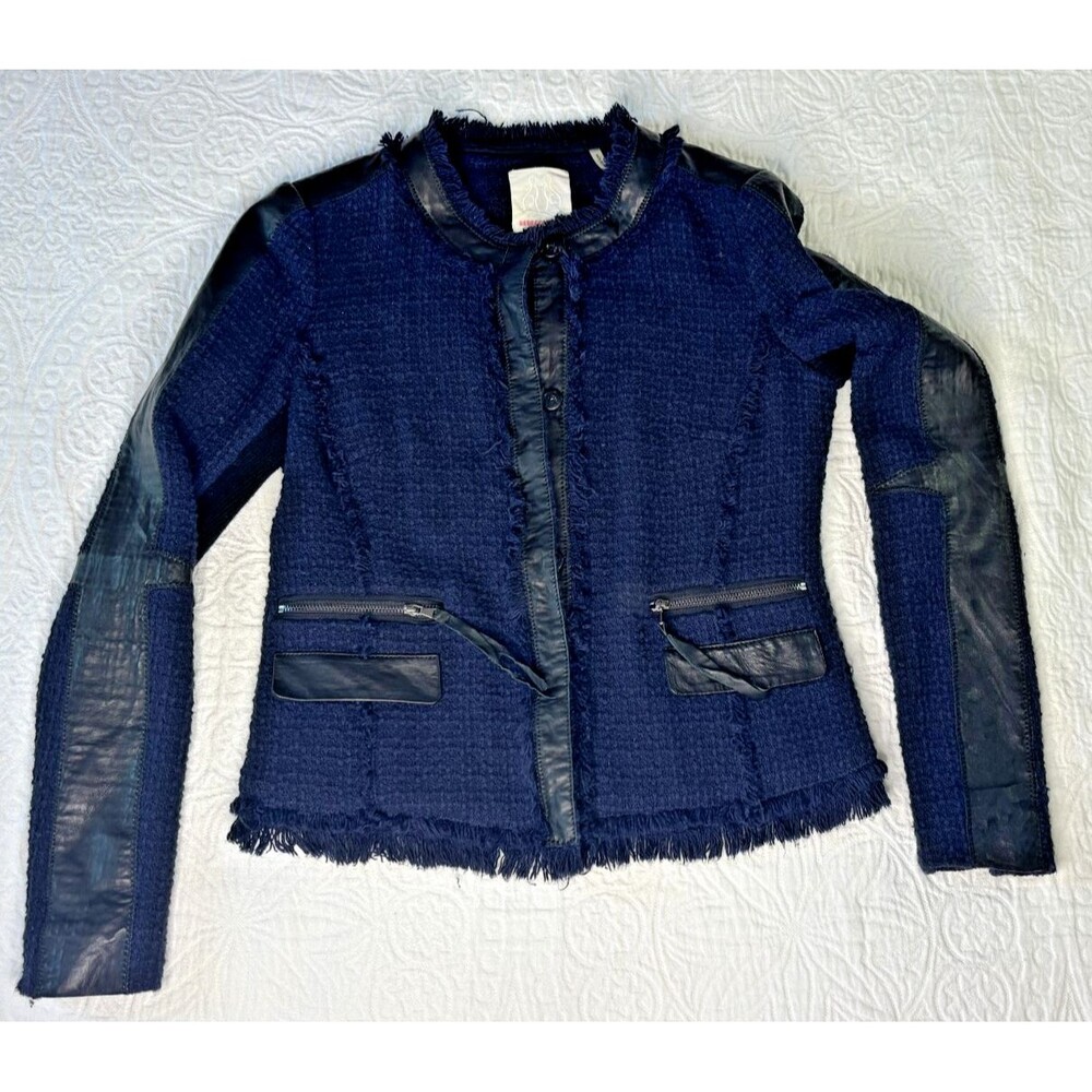 REBECCA TAYLOR Boucle Fringe Blazer SIZE 4 Navy Blue Black Leather Trim Coat EUC - Picture 16 of 16
